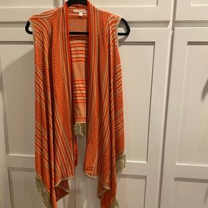 Say What? Sleeveless Sweater Vest Cardigan w/Fringe. VERY CUTE! orange & tan